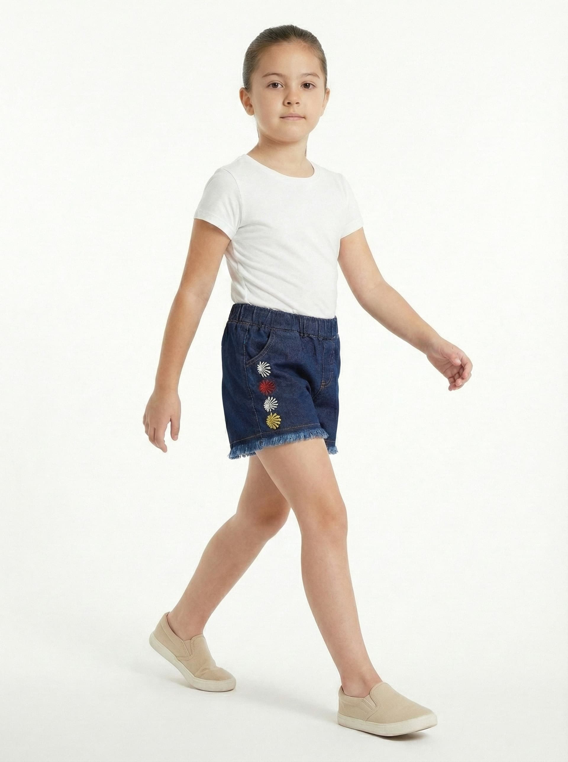 Girls Flower Embroidered Denim Shorts