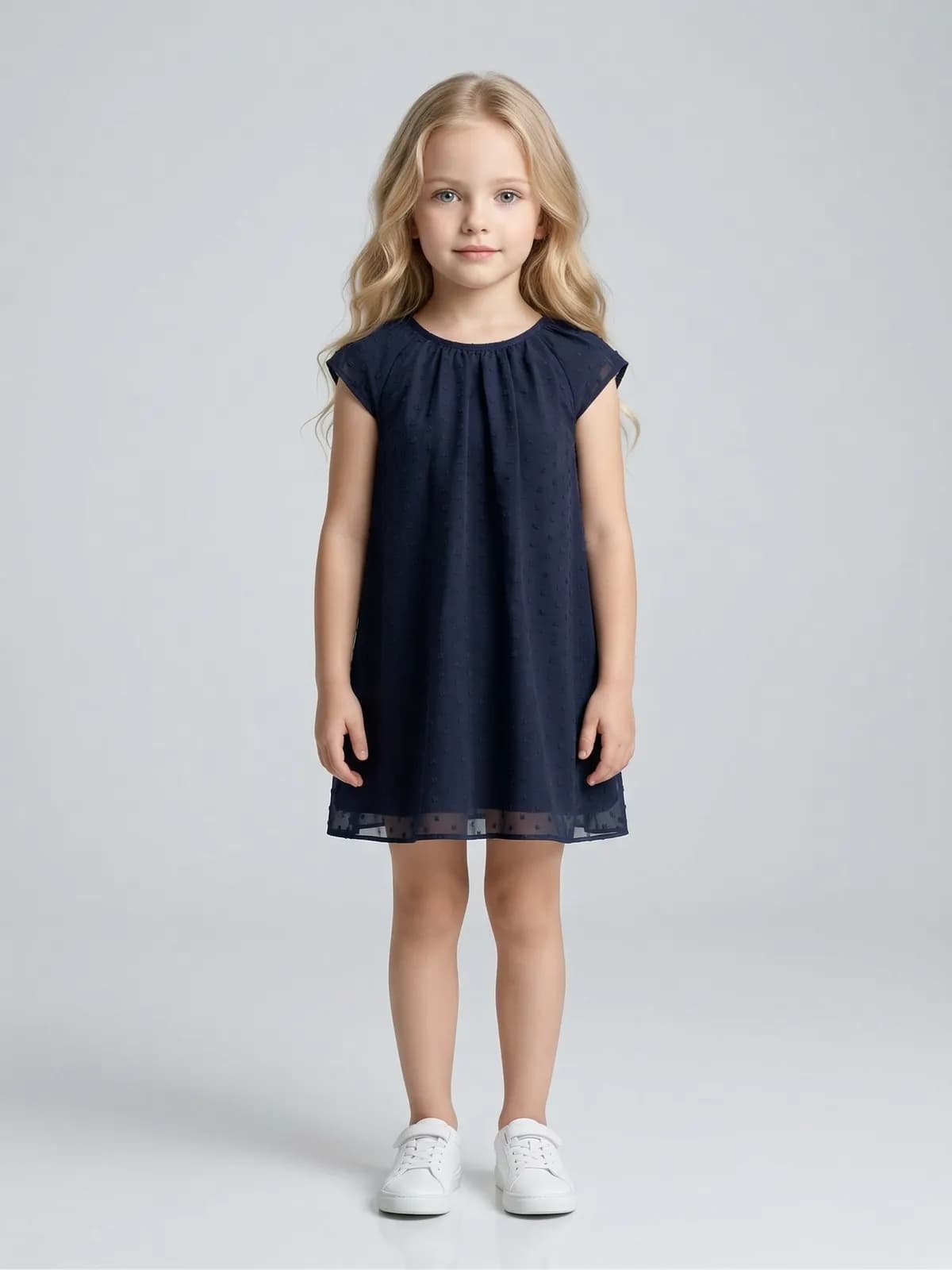 Baby Girl Polyster Navy Blue Dobby Print Cap Sleeve A-Line Knee Lenght Dress 