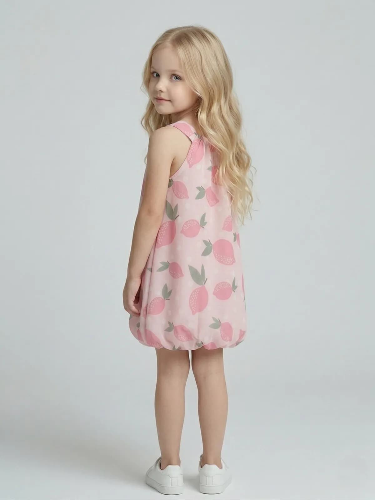 Baby Girl Cap Sleeves Fruit Printed Flared Dress - Pink 