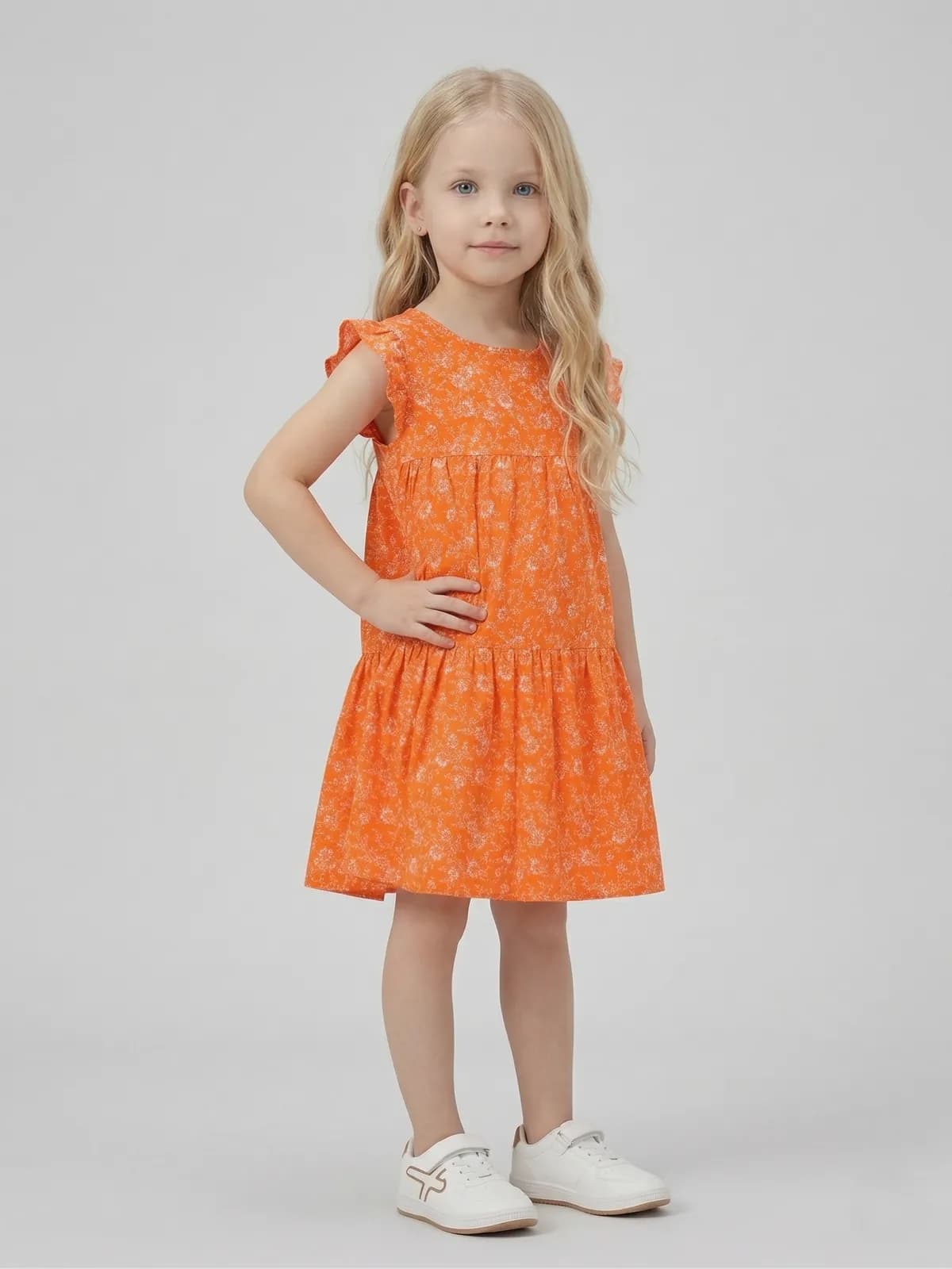 Kids Girl Orange & White Polyester Floral Print Frill Sleeve Knee Length Dress