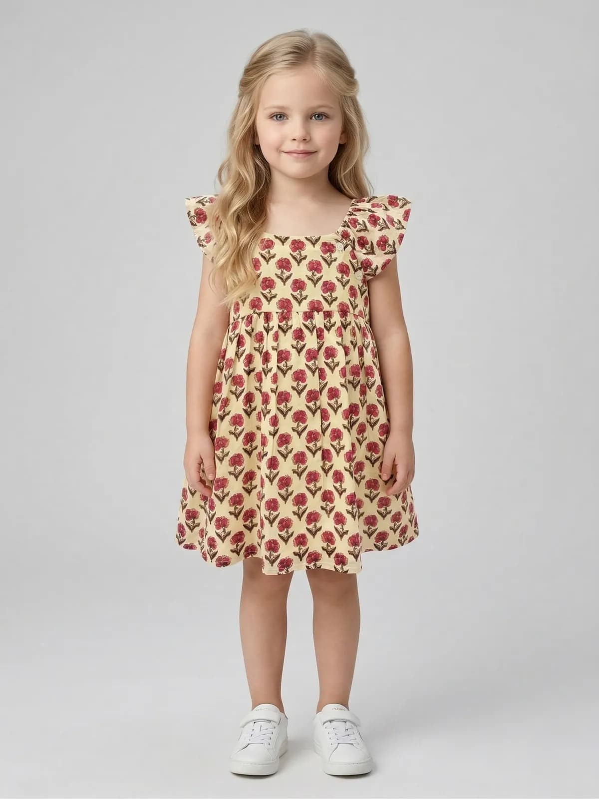 Creative Kids Baby Girl Pink & Off White Floral Print Gathered A-Line Dress - Pink - Pink