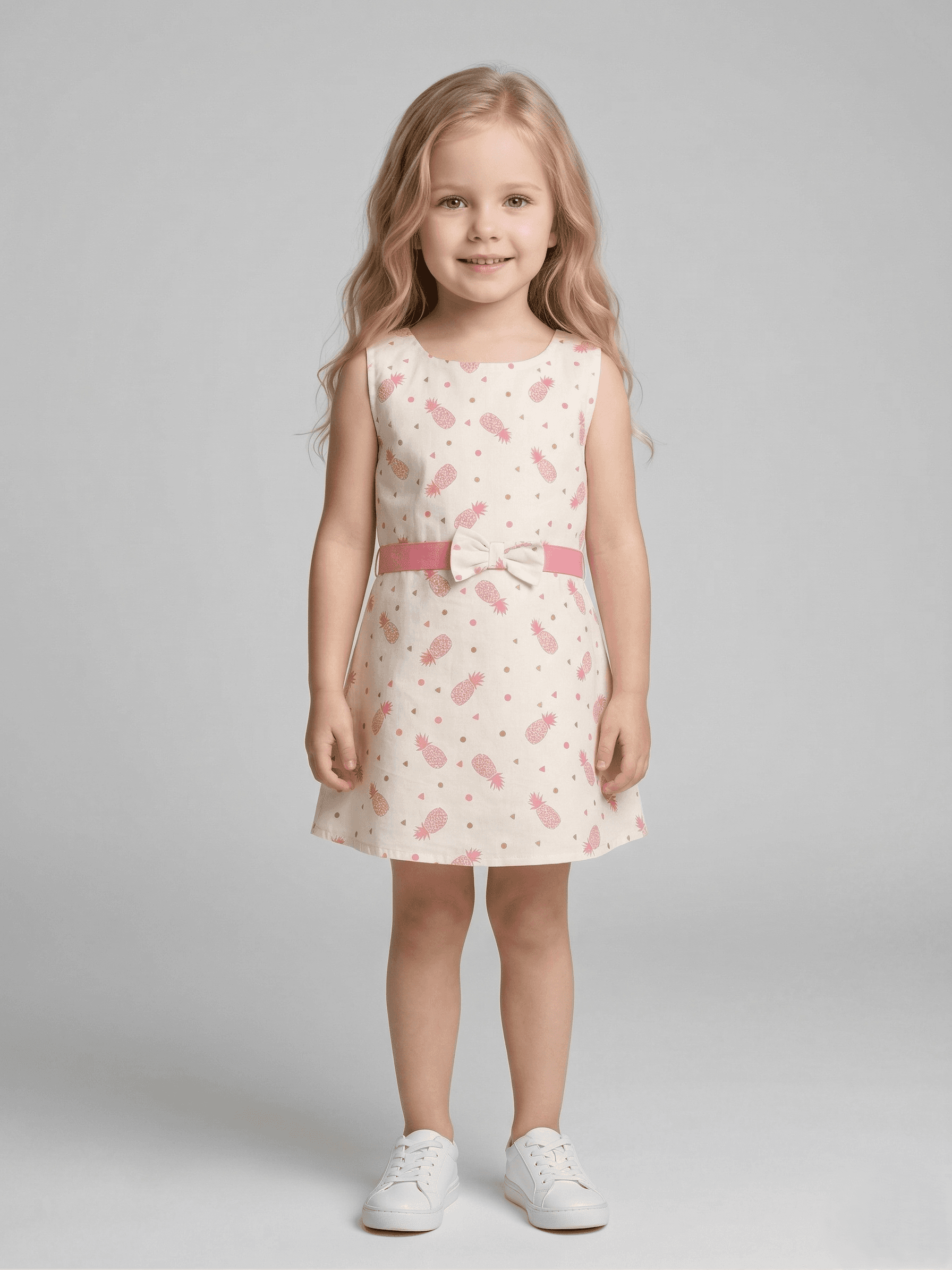 Creative Kids Girl White Cotton Regular Fit Printed Dress  - Cream
