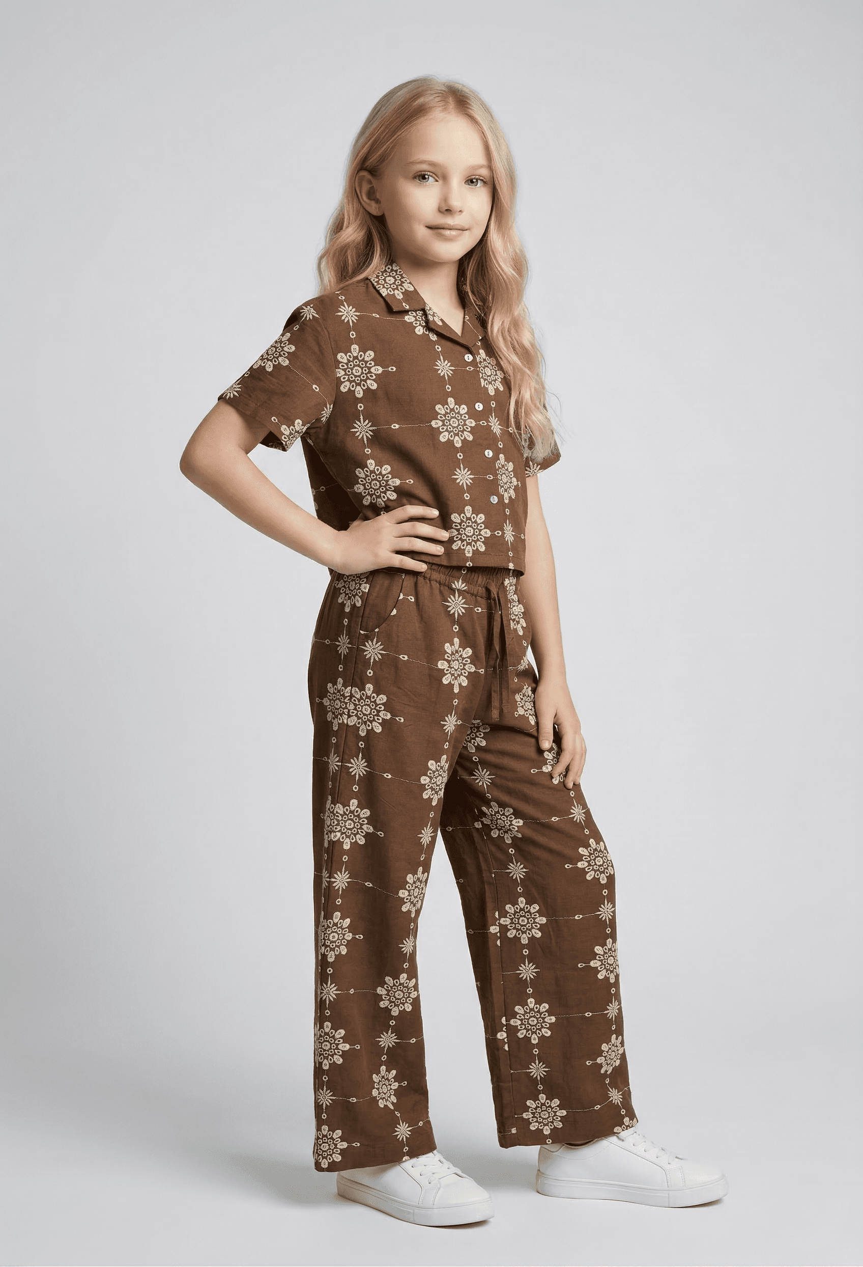 Creative Kids Brown Embroidered Cotton Blend Co-Ord Set for Girls | Stylish Shirt & Pant Set  - Brown
