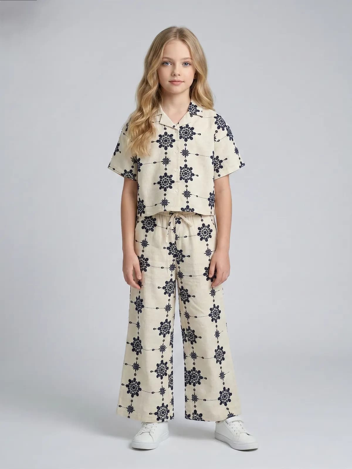 Creative Kids Premium Beige Embroidered Cotton Blend Co-Ord Set for Girls - Beige - Beige