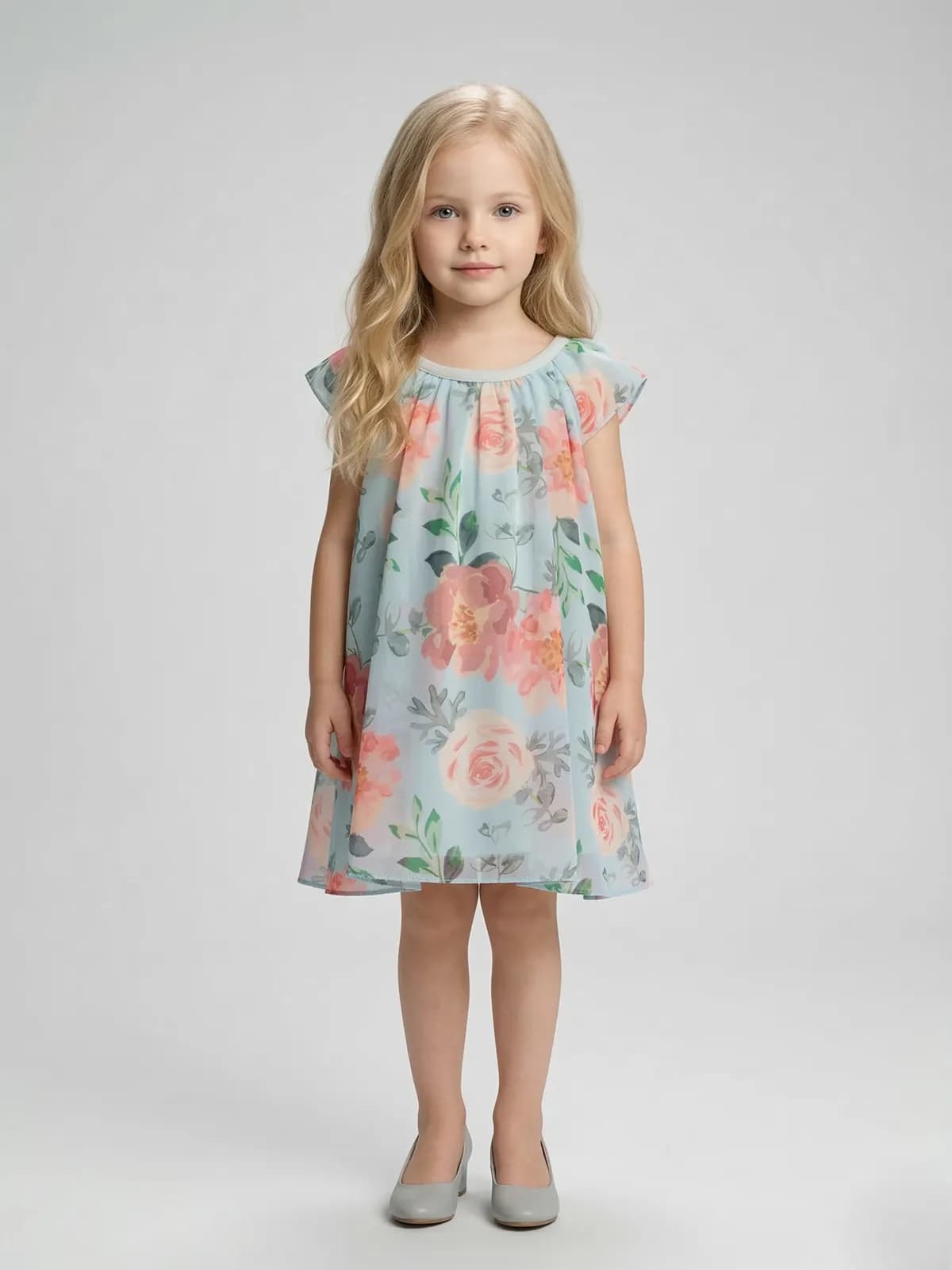 Creative Kids Teal & Magenta Abstract Floral Polyester Dress – Lightweight Flutter Sleeve A-Line Dress - Teal