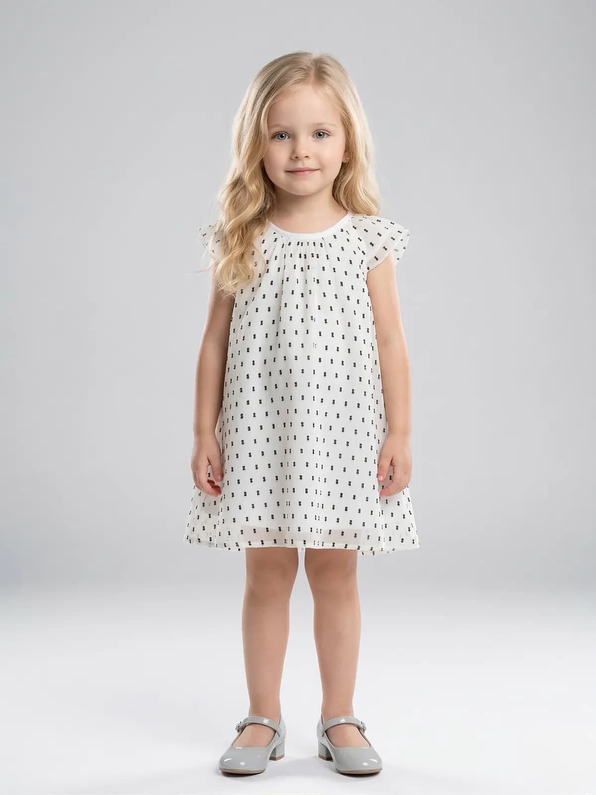 Creative Kids White Dash Print Polyester Dress – Sophisticated Sleeveless Flutter Sleeve A-Line Dress - White