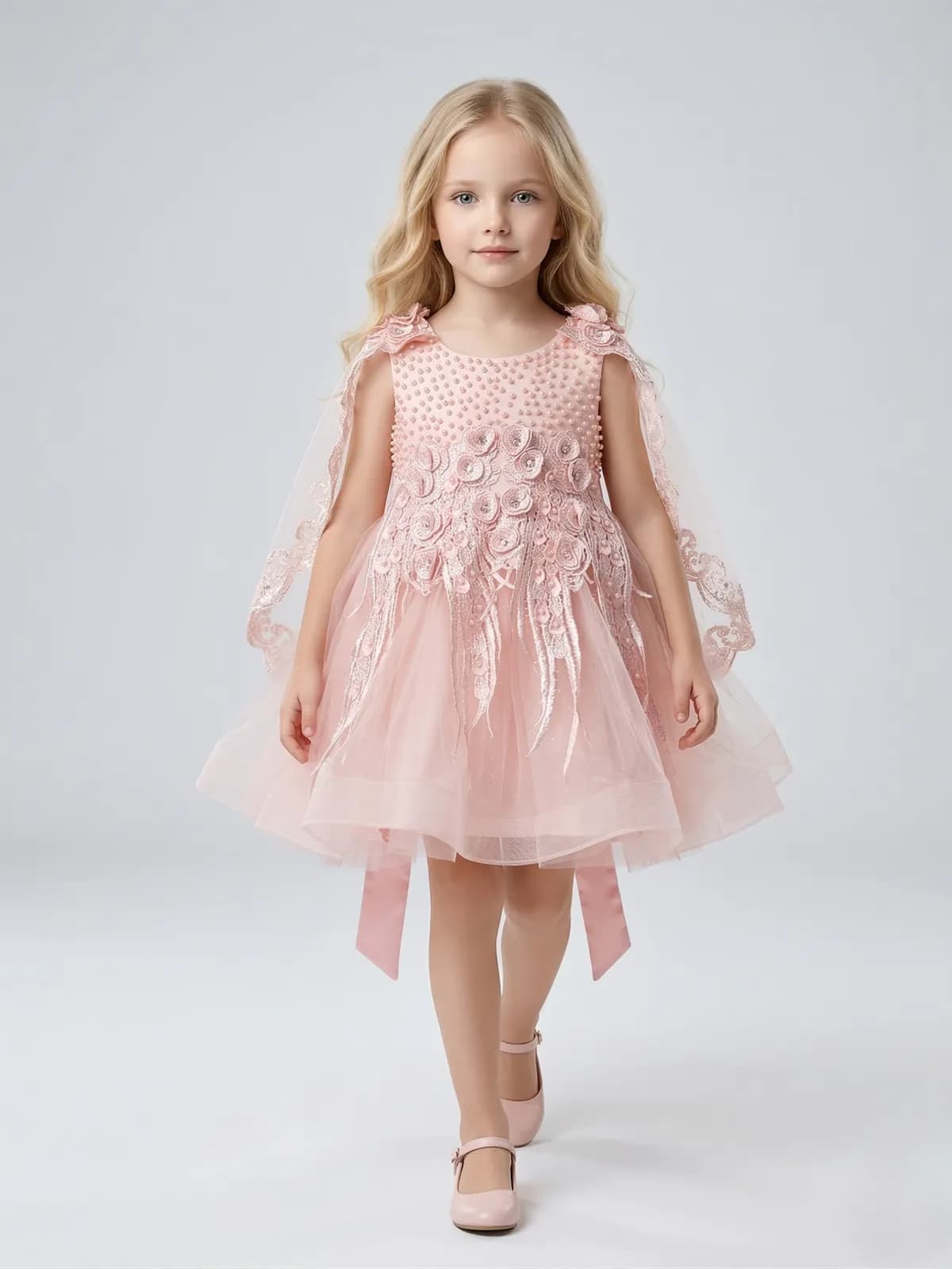 Creative Kids Sleeveless Princess Party Gown Dress with Pearl Bodice & 3D Flowers - Peach