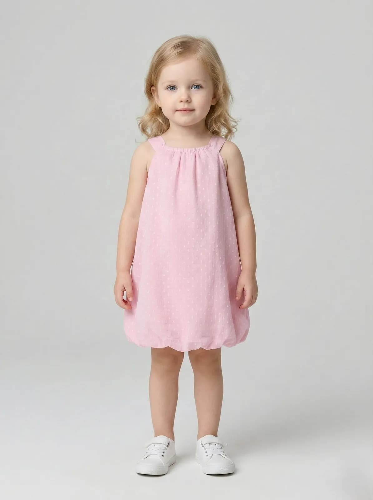 Creative Kids Pink Swiss Dot Sleeveless Romper – Pastel Textured Cotton Dress - Pink