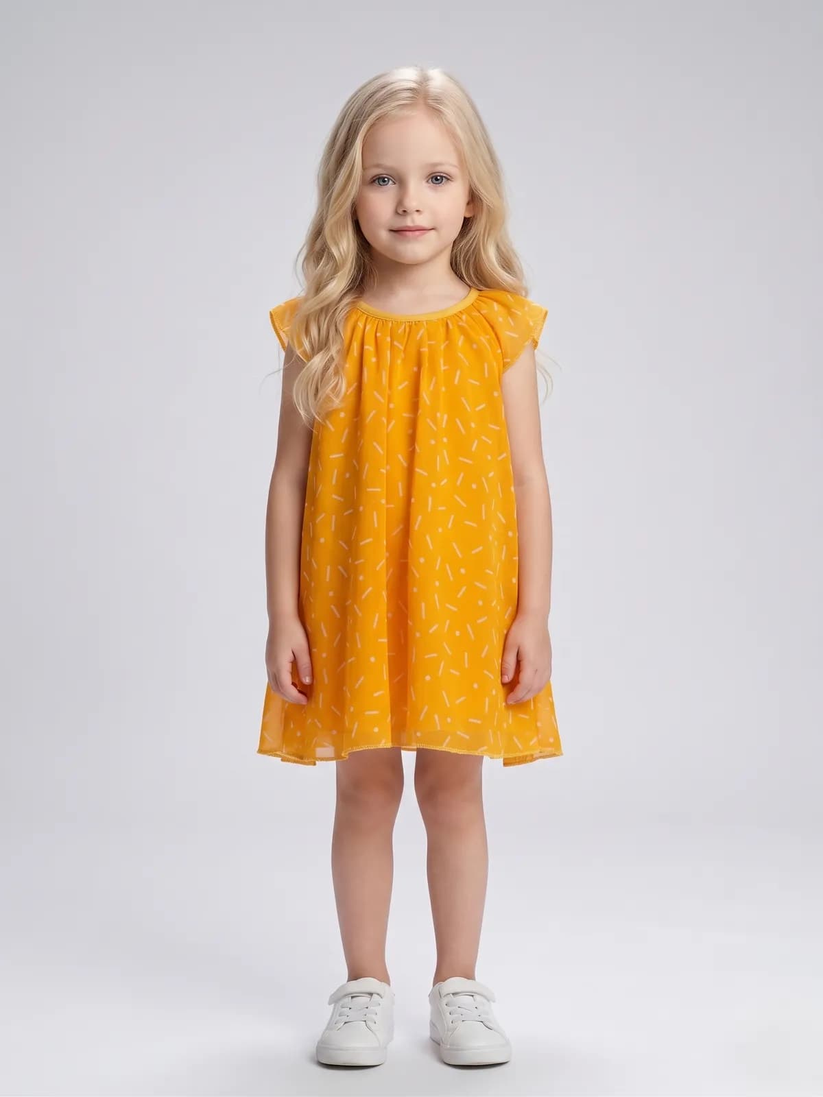 Creative Kids Mustard Yellow Abstract Print Polyster Dress – Lightweight Flutter Sleeve Dress - Yellow