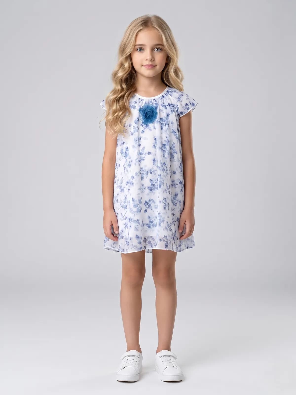 Creative Kids Blue & White Floral Dress - Blue
