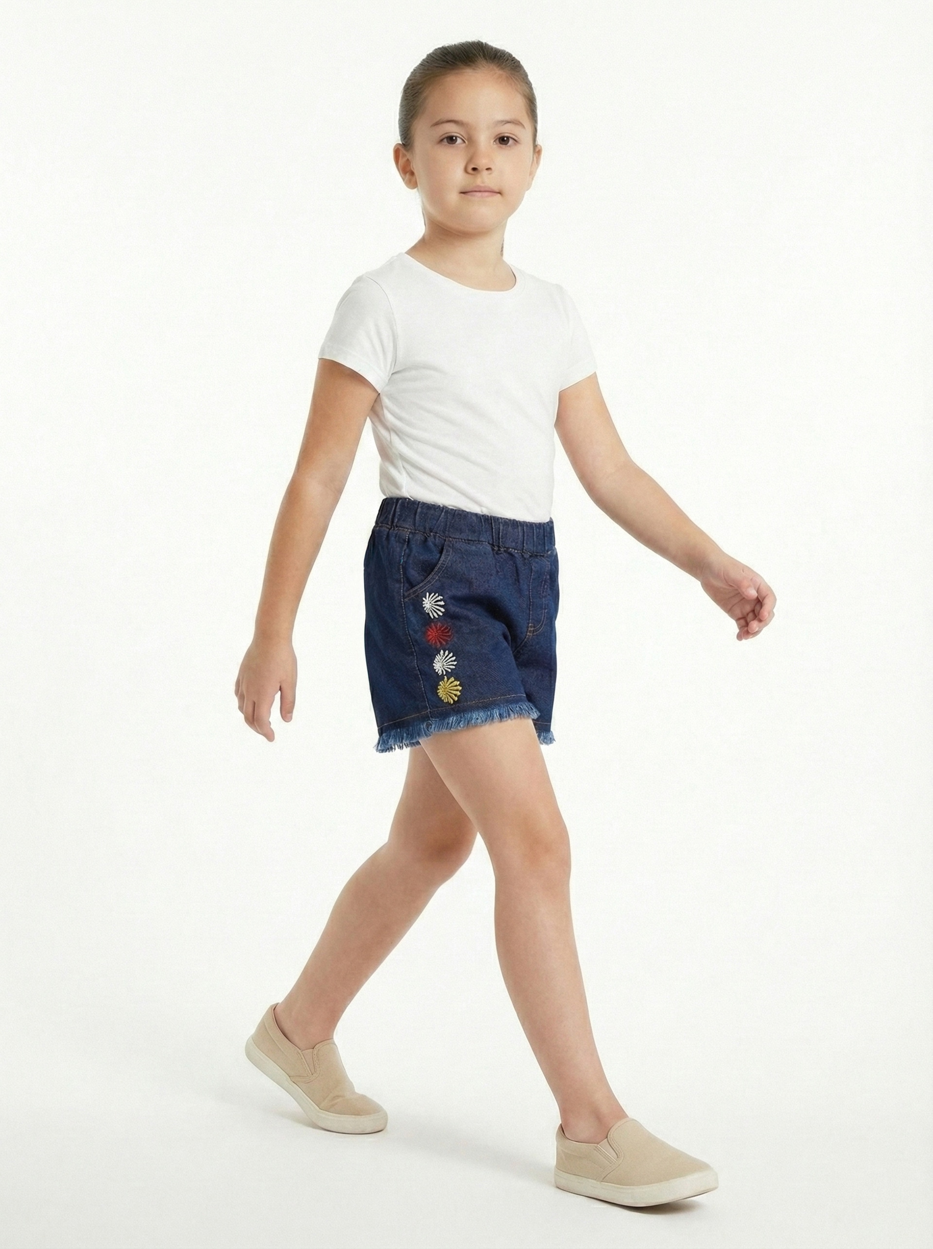Girls Flower Embroidered Denim Shorts