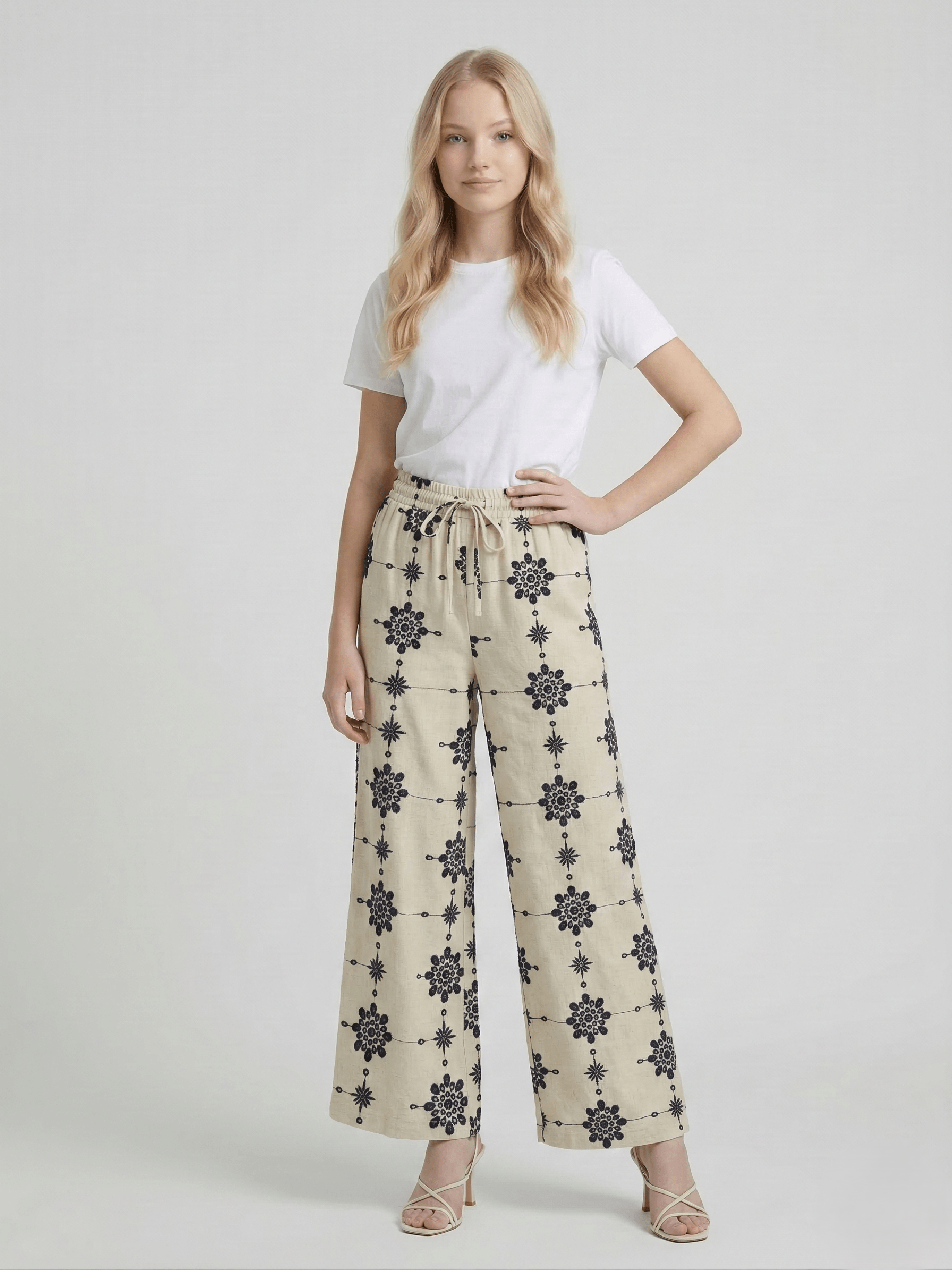 Creative Kids Brown Embroidered Cotton Blend Pants for Girls | Comfortable Straight Fit Bottom - Beige